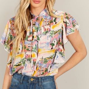 ‼️ Dropping soon ‼️ NEW Ruffle Armhole tie neck landscape print top